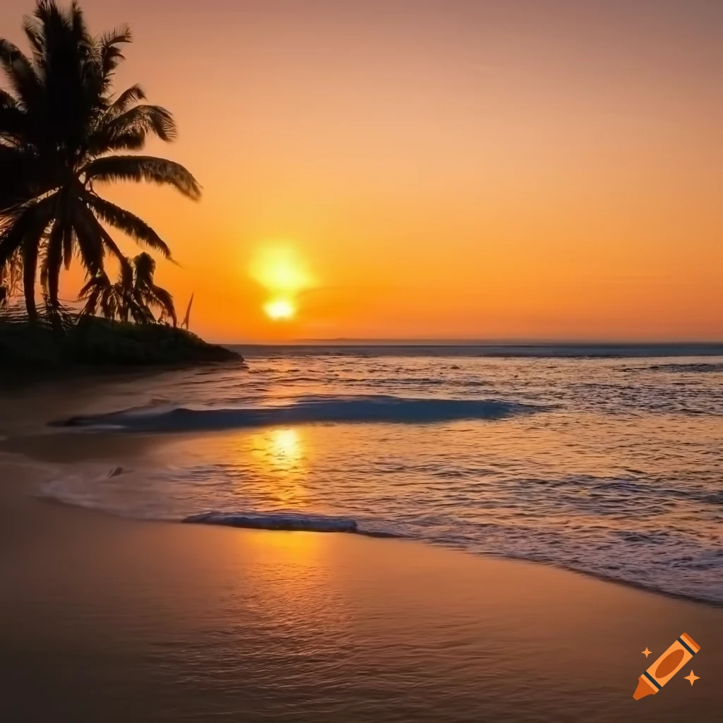 Beautiful island beach with palms, sea, mountains, and sunrise