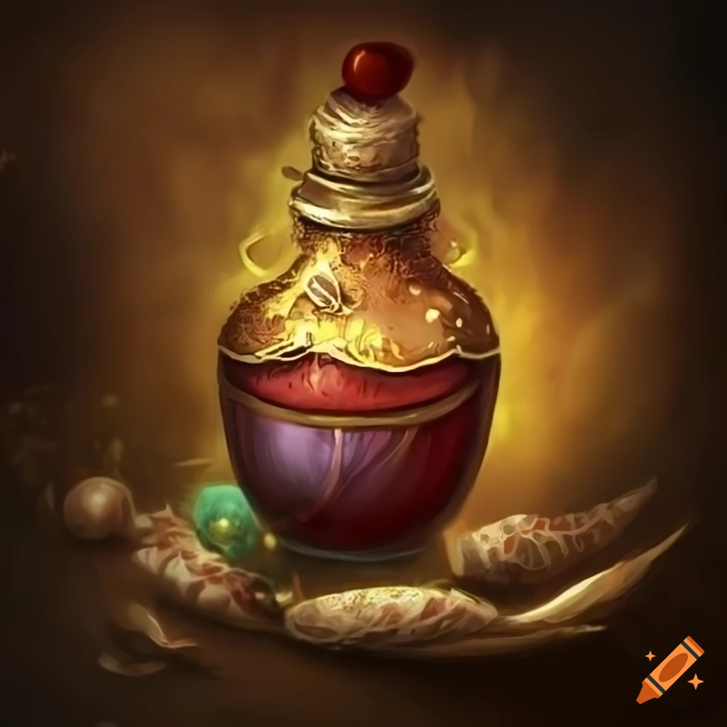 Gold and fruity feather potion in a fantasy setting
