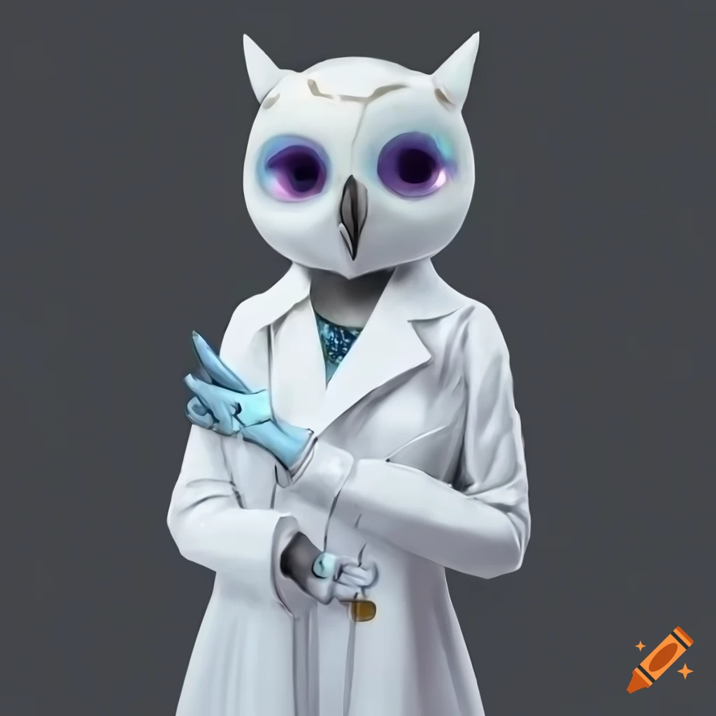 Cute female owl android in lab coat with detailed robotic face