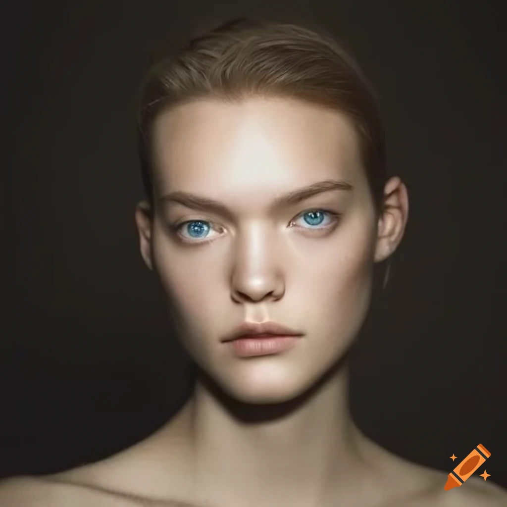 Ethereal androgynous young man with pale skin and light blue eyes