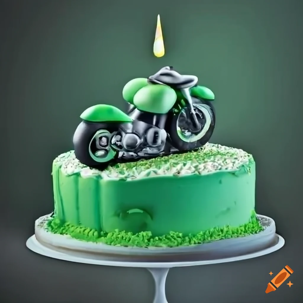 Green birthday cake with motorcycle decoration