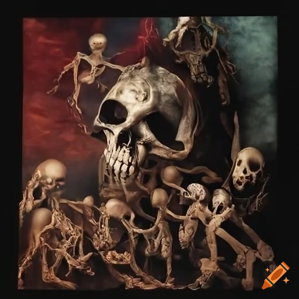 Warrior with spiked club over a pile of skeletons in a metal album cover