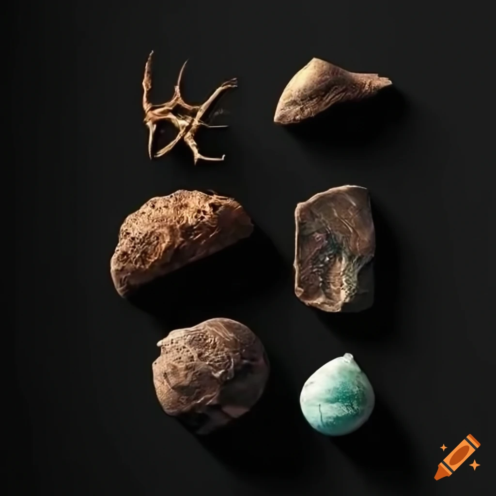 Four magical artifacts on black earth ground