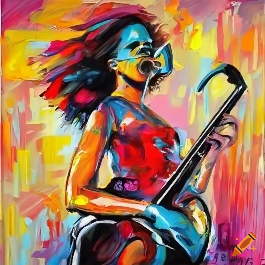Jazzwoman playing guitar in a wheelchair in a comic style drawing