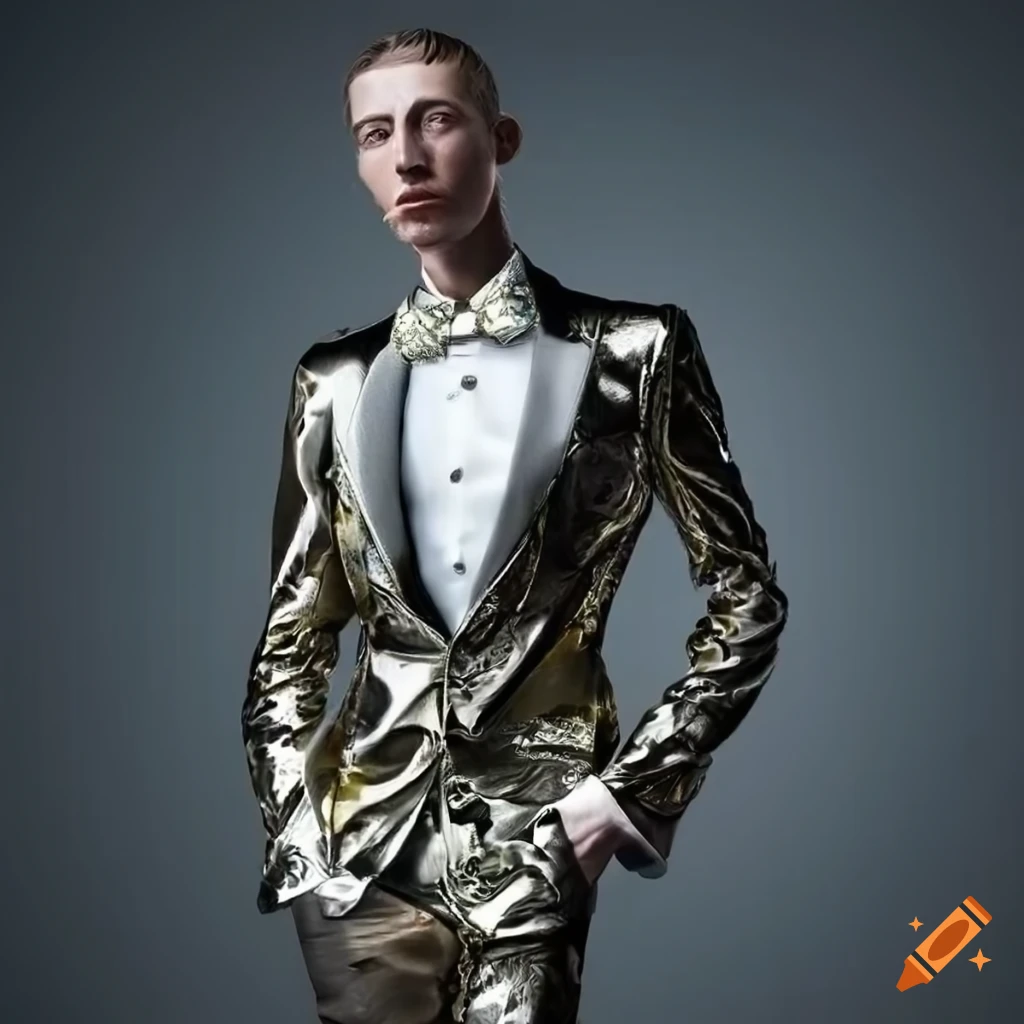 Hyperrealist image of a skinny man in a chrome paisley tuxedo