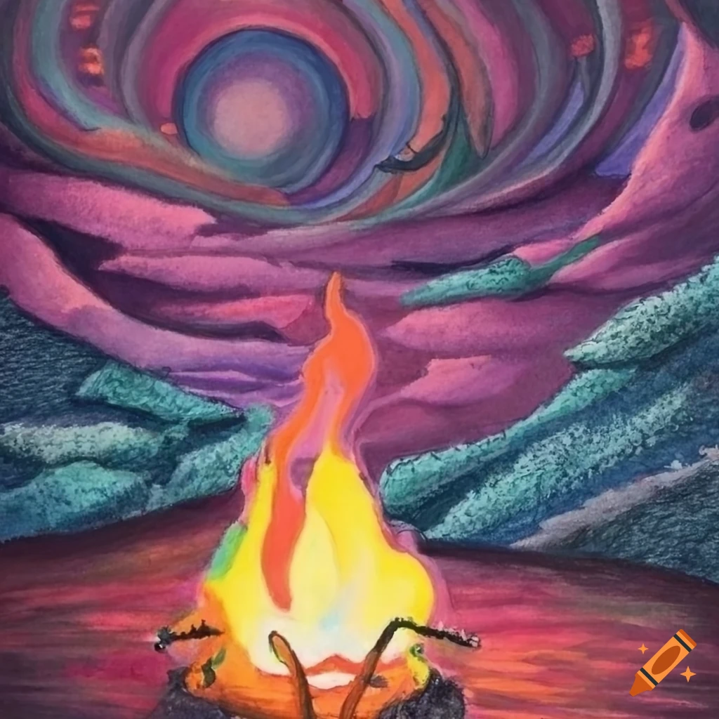 Cozy campfire in pastel colors created with colored pencil stippling