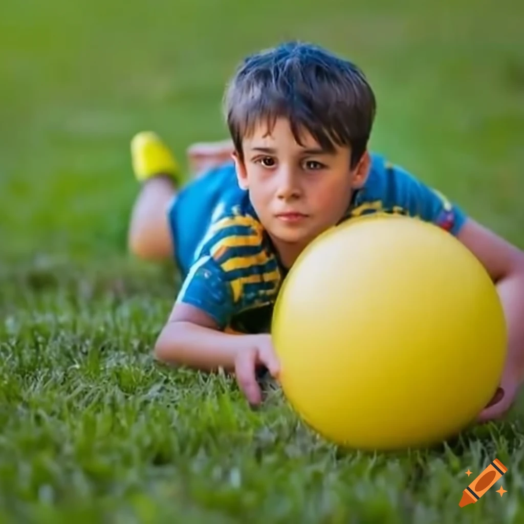 Italian boy dribbling with a yellow ball on a green lawn