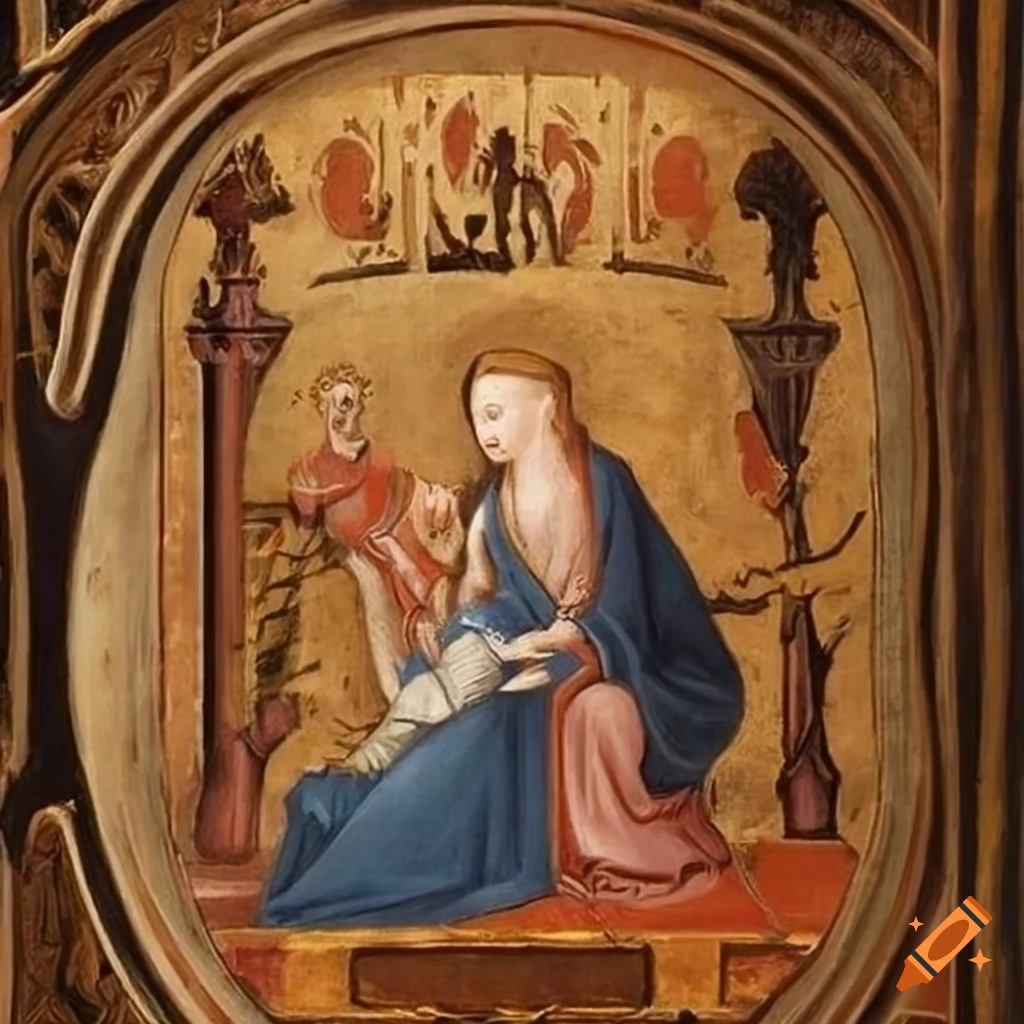 Medieval paintings honoring the God of music with gentle and delicate touch in pale soft colors