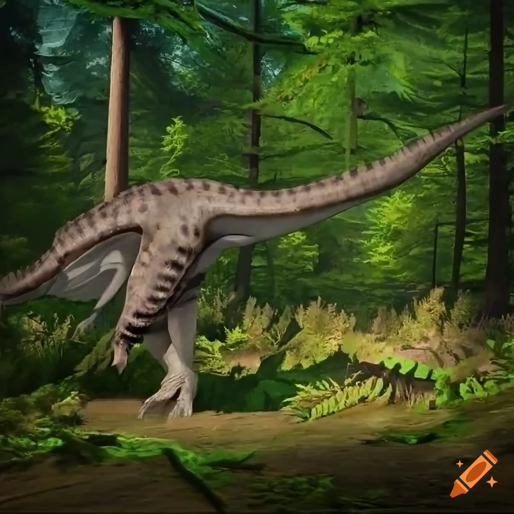 Hadrosaurs fighting in a sunny forest clearing with fallen branches and ferns