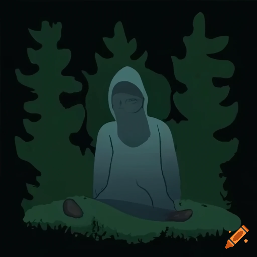 Man in hoodie sitting in a deep dark forest during summer