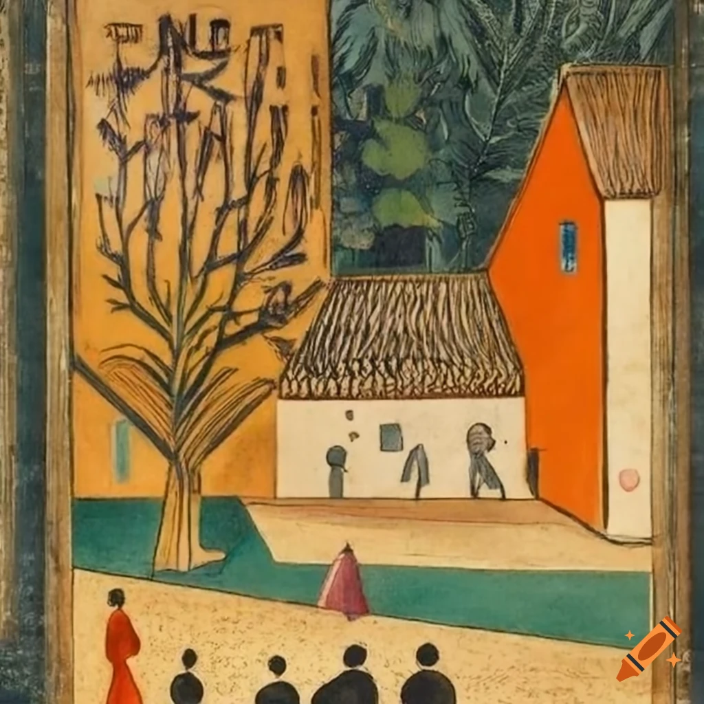 Etching of a small school with a courtyard, soccer field, and women in the foreground in the style of various artists