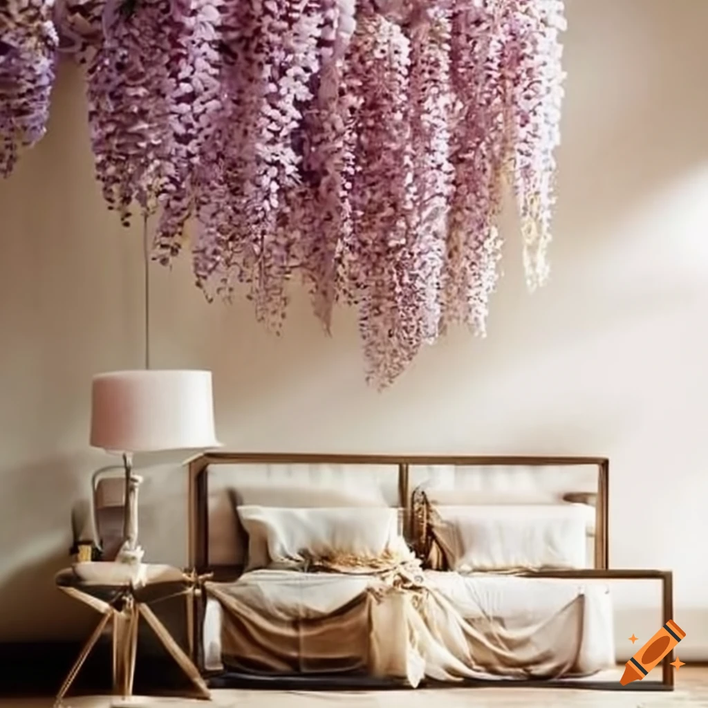 Wisteria flowers hanging in a sophisticated bedroom interior on Craiyon