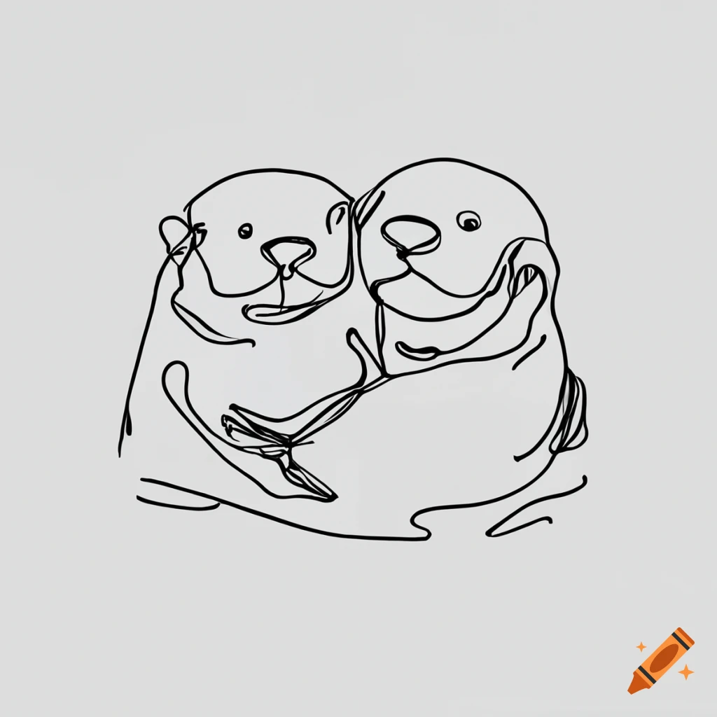 Line art of two sea otters holding hands floating on a lake