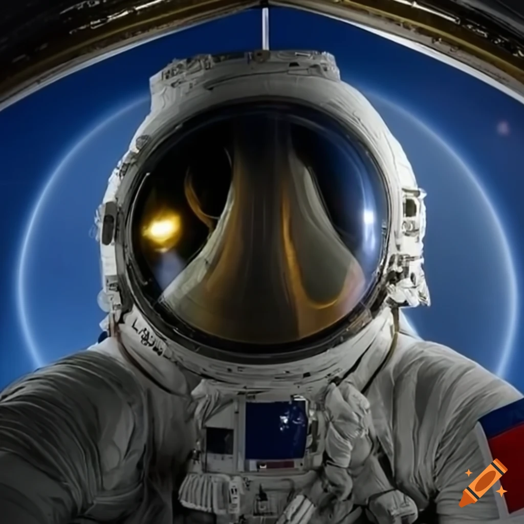 Reflection of flying bed in astronaut's helmet
