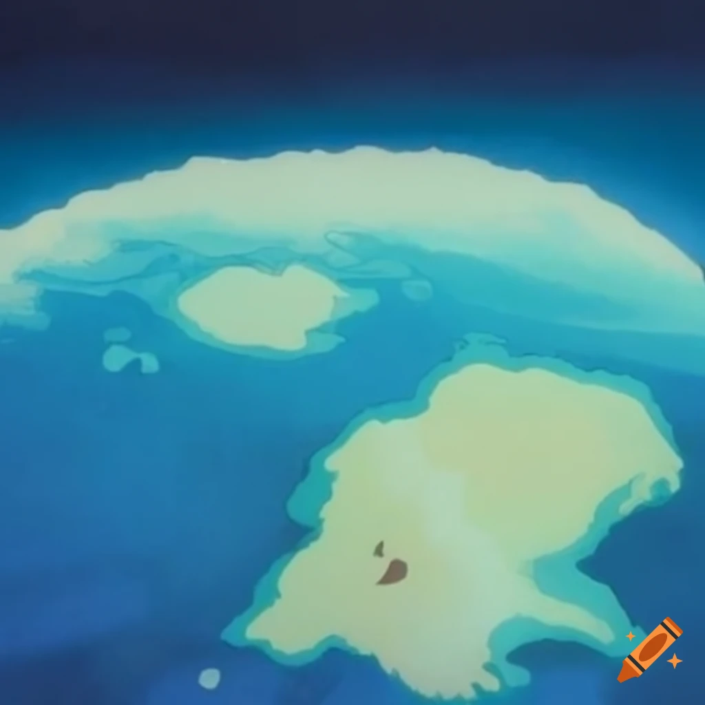 Continent viewed from space in Studio Ghibli anime style