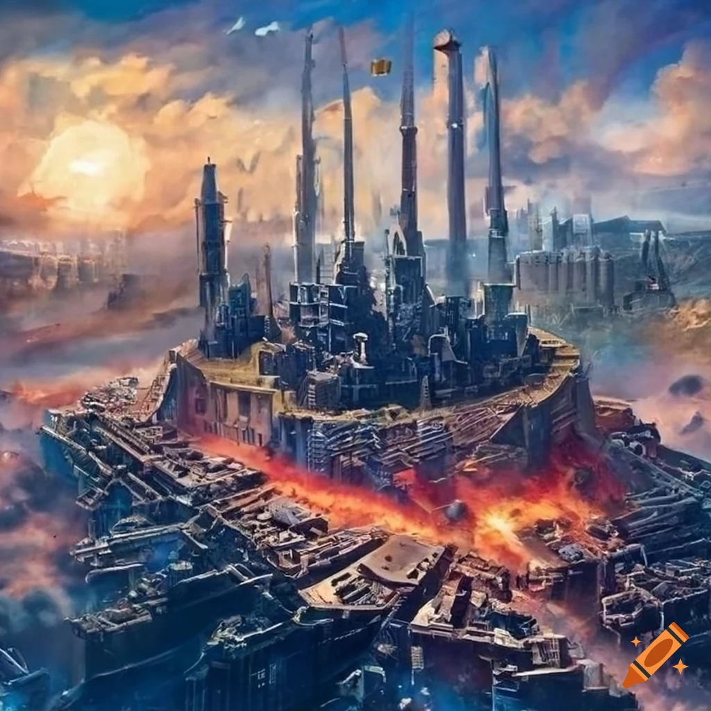 Industrial mega-city built into a volcanic crater with towering structures