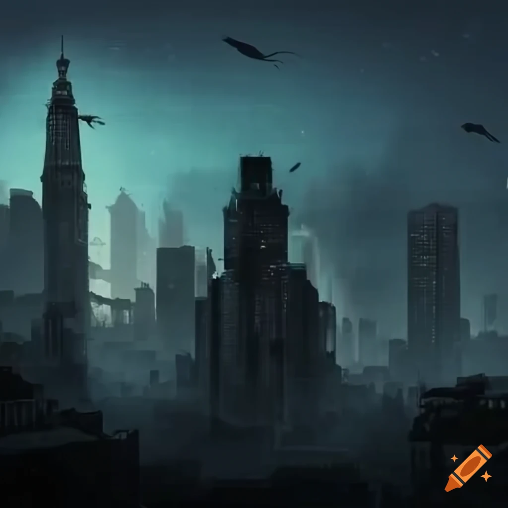 Dystopian city with skyscrapers, poverty, pollution, and propaganda posters