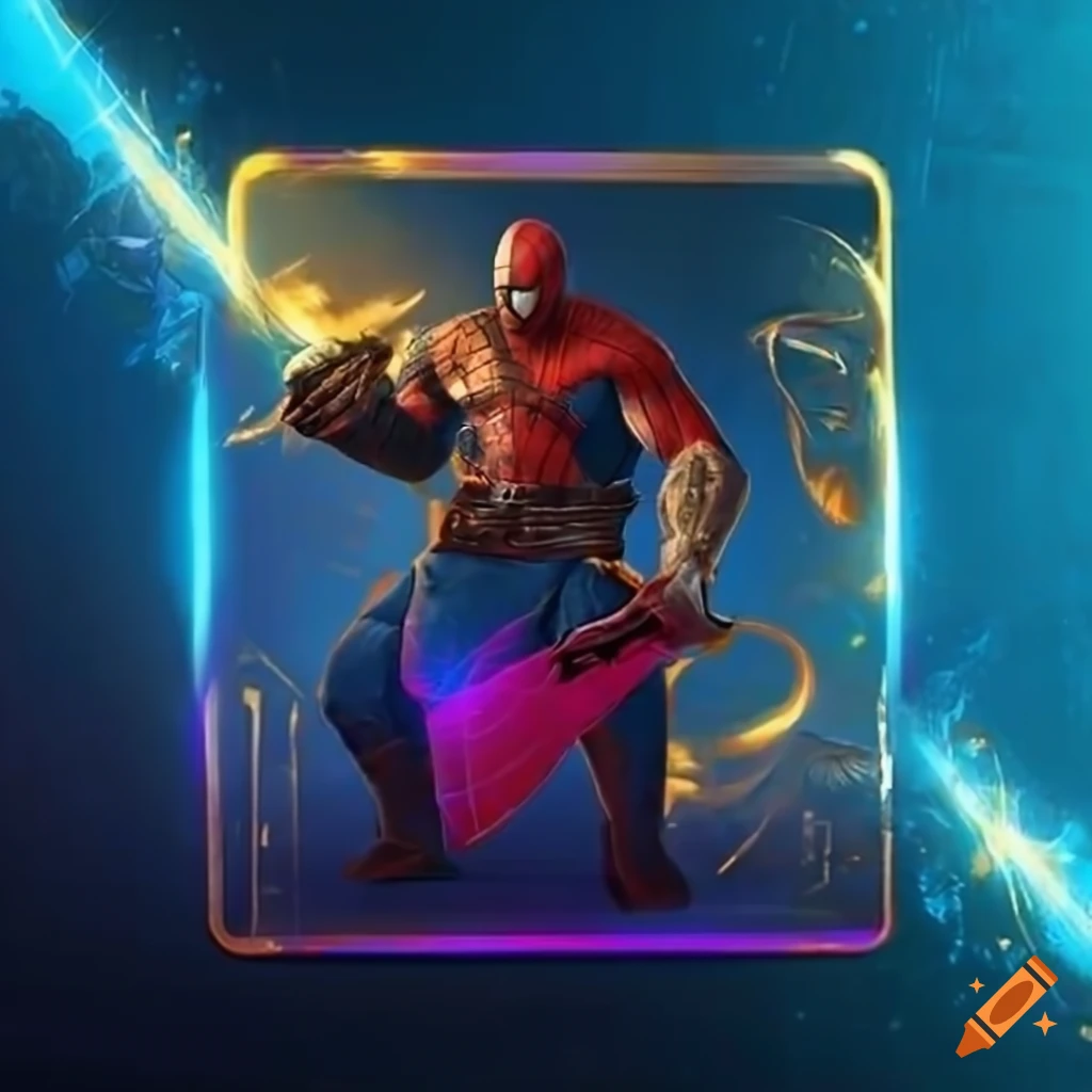 Colorful dynamic advertisement with video game characters like Spider-Man, Kratos, and FIFA and Call of Duty heroes