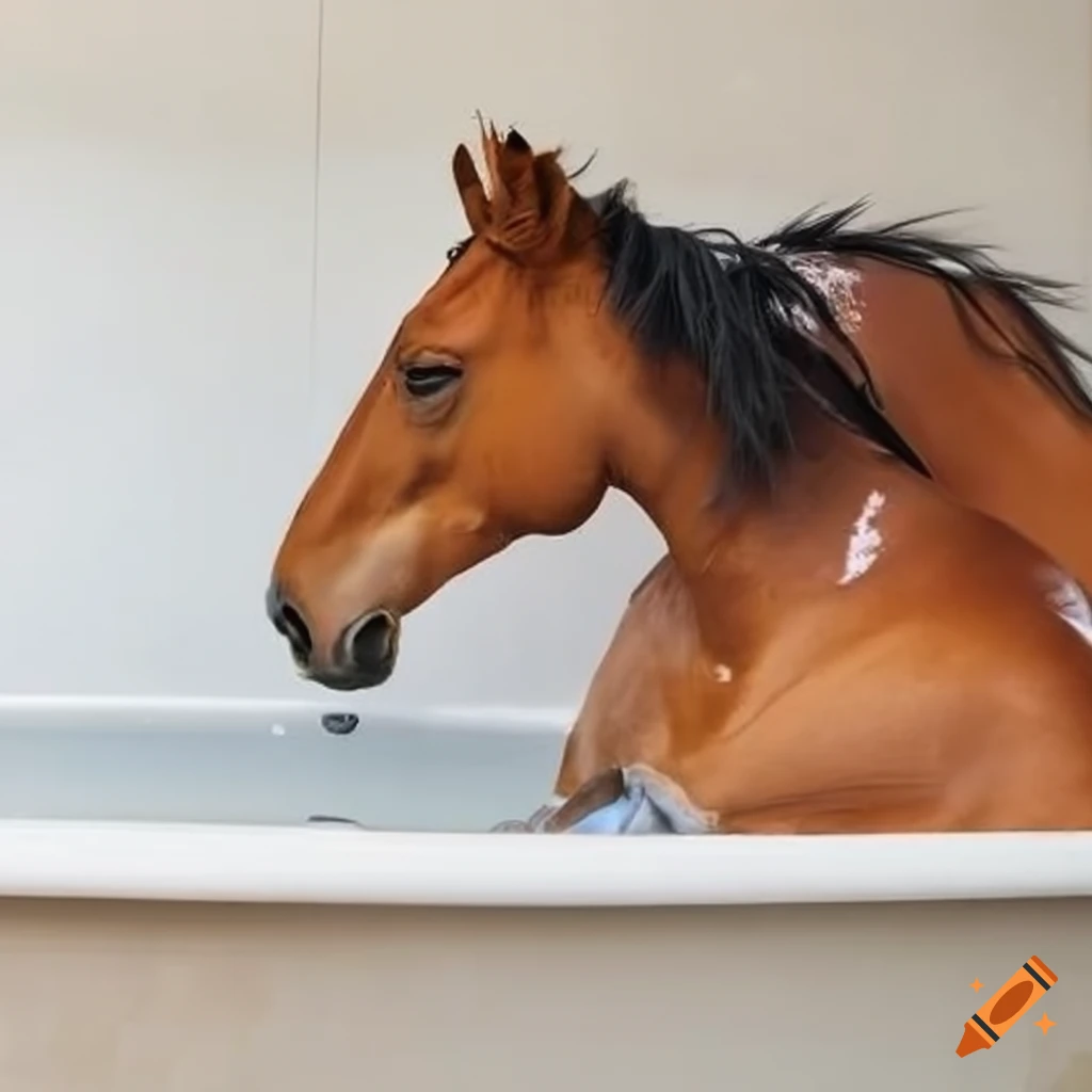 Horse taking a bath in a bathtub