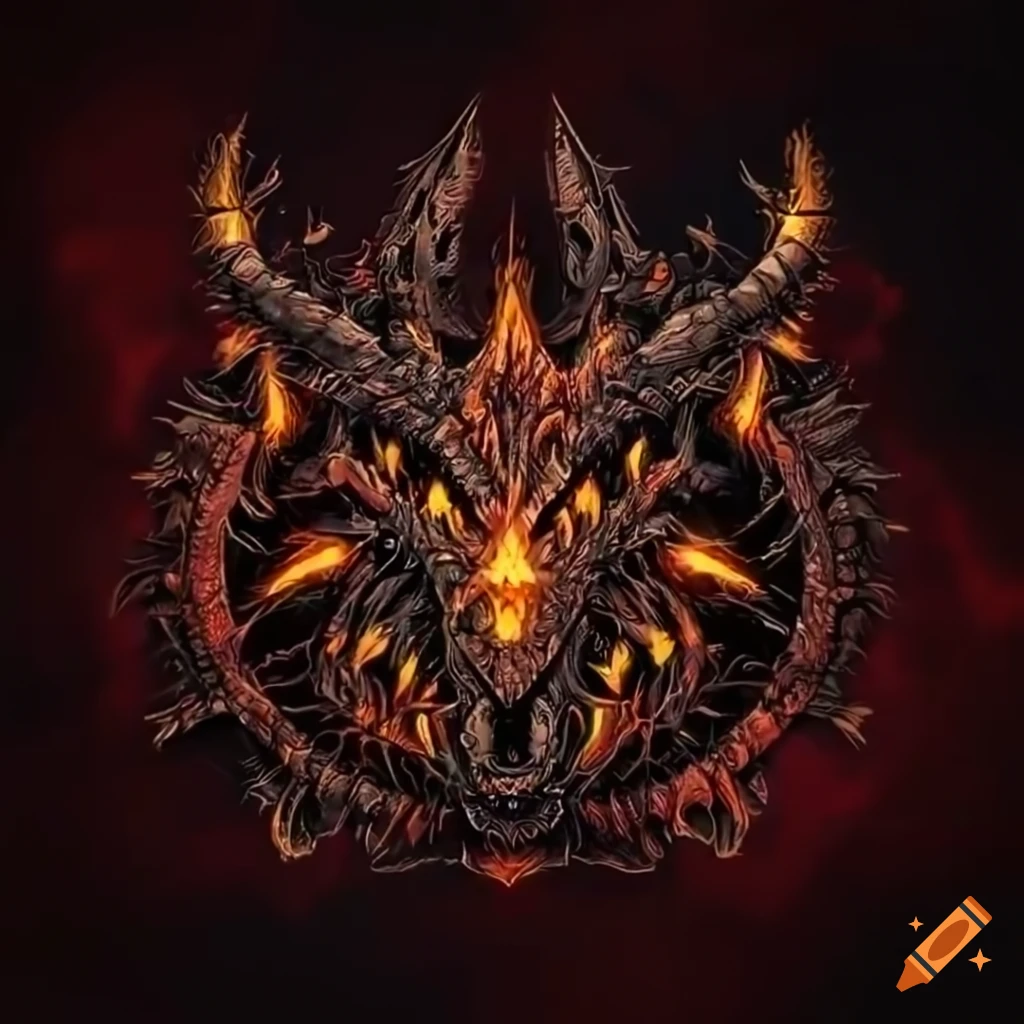 Intricately drawn dragon skull sigil surrounded by fiery flames