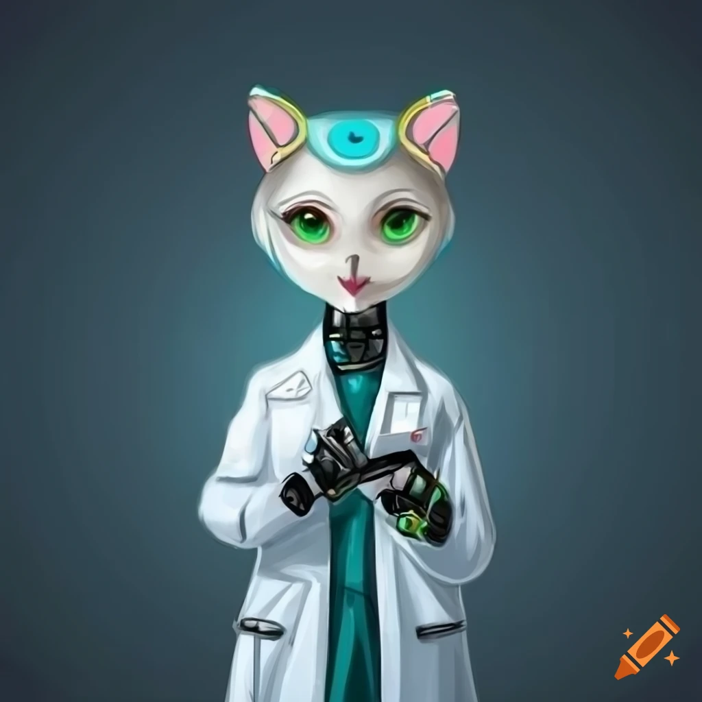 Cute female anthropomorphic owl android in a lab coat