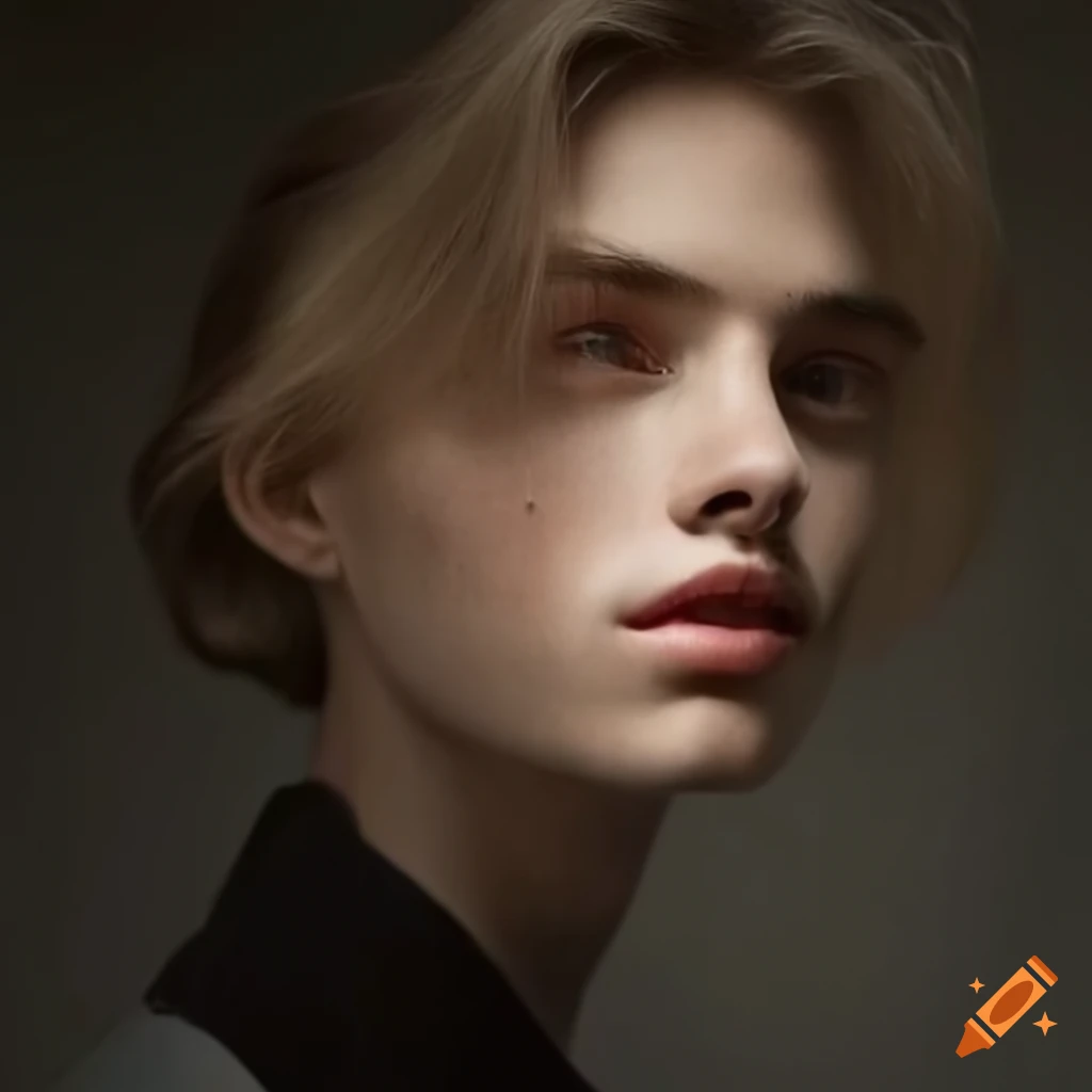 Portrait of an ethereal male student with delicate features resembling Elsa Hosk