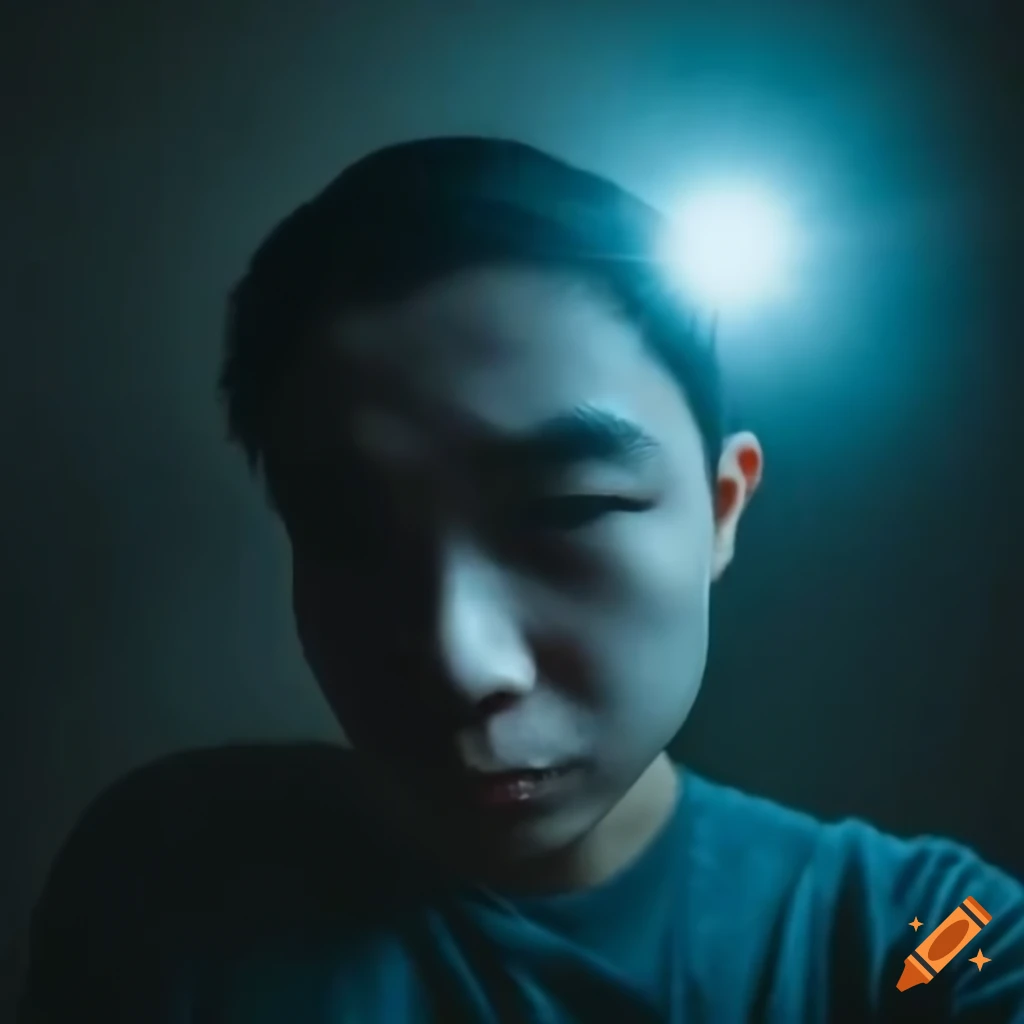 Asian guy taking a selfie in a dark room with a fish lens camera