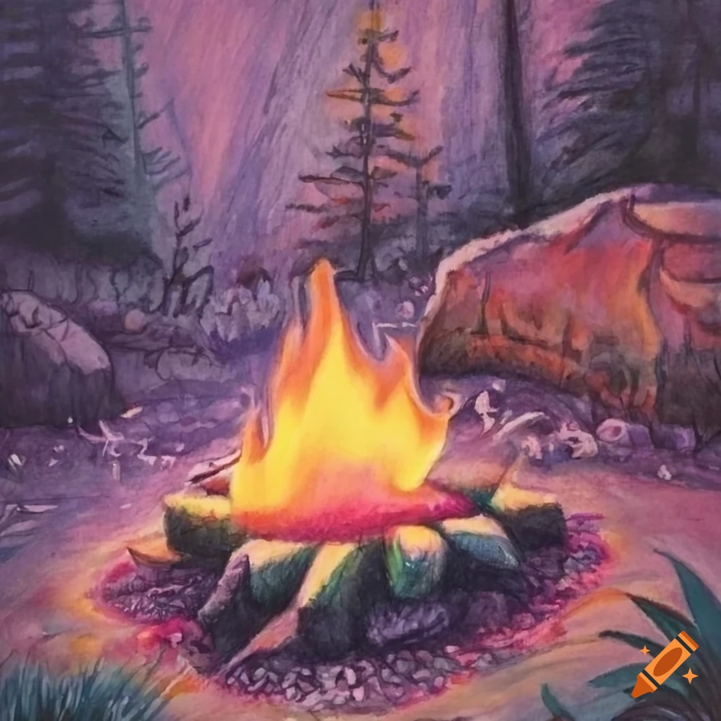 Cozy campfire in pastel colors created with colored pencil stippling