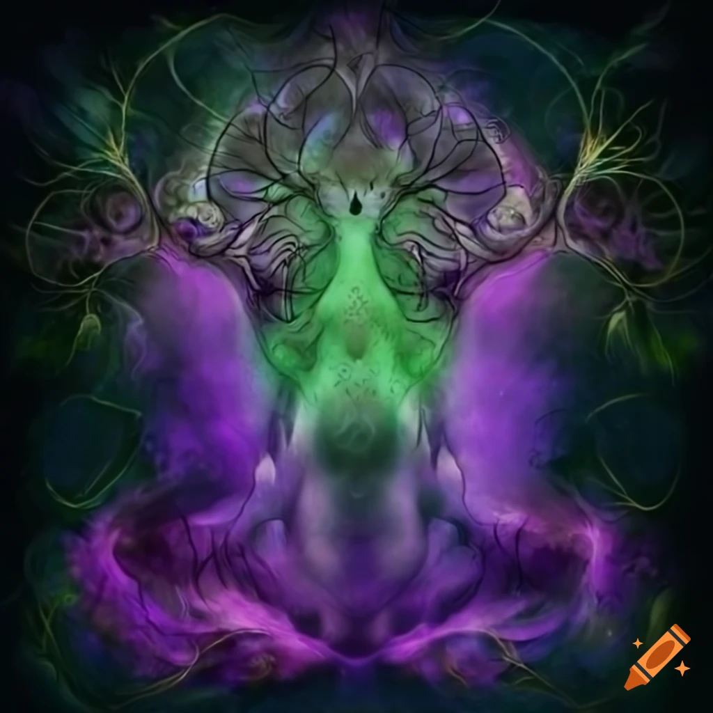 Sacred geometry animal with multiple eyes, serpent, bird, cat in mystical forest setting