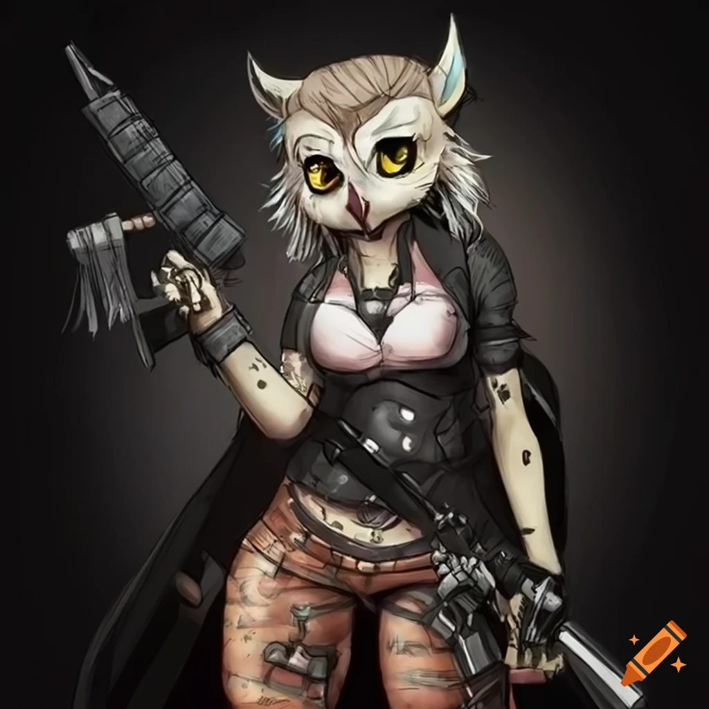 Female anthro owl scientist in a diesel punk setting