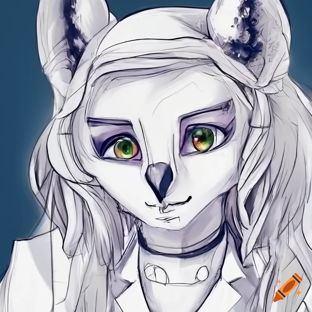 Timid nerdy anthro female owl android in lab coat with detailed robot face