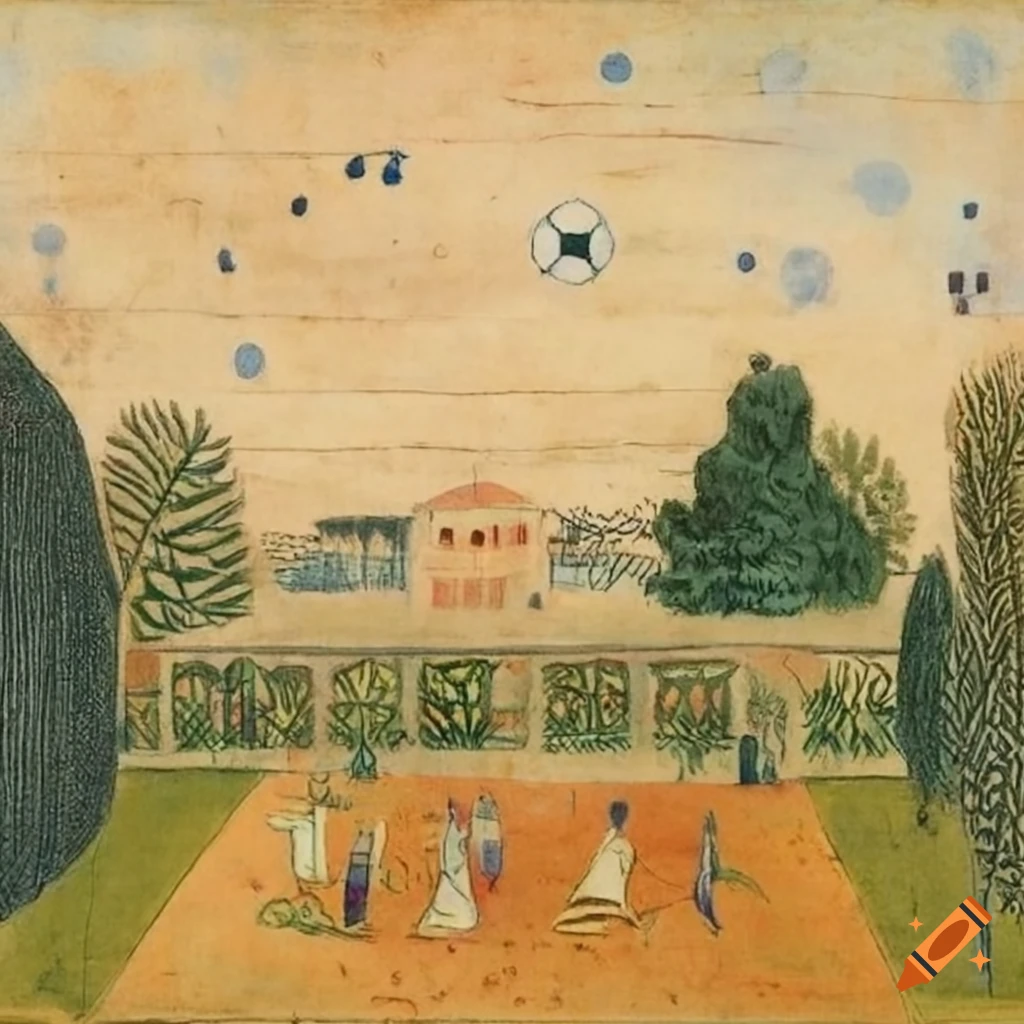 Etching of a small school with a courtyard, soccer field, and women in the foreground in the style of various artists