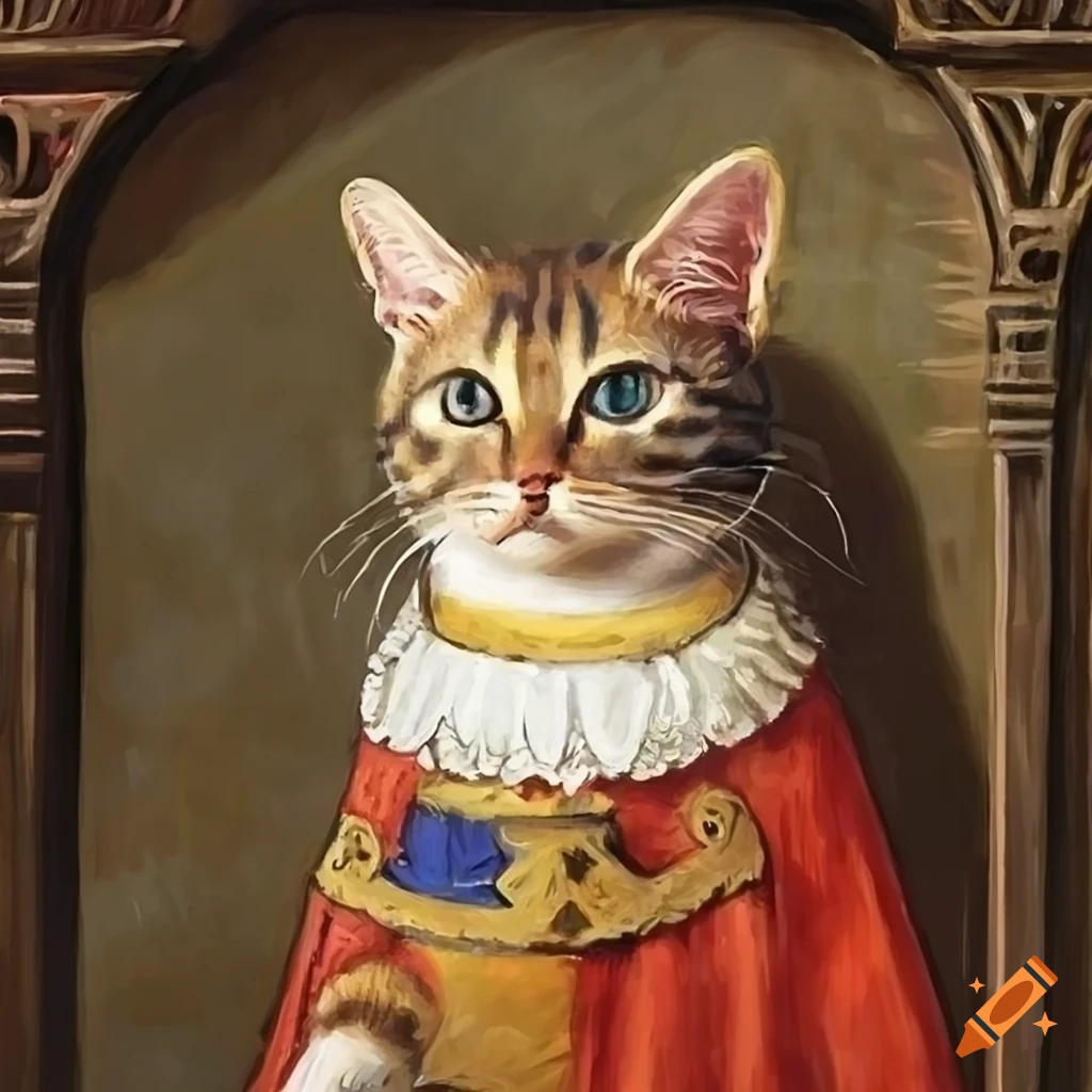 Medieval painting of tabby kitten prince on a throne