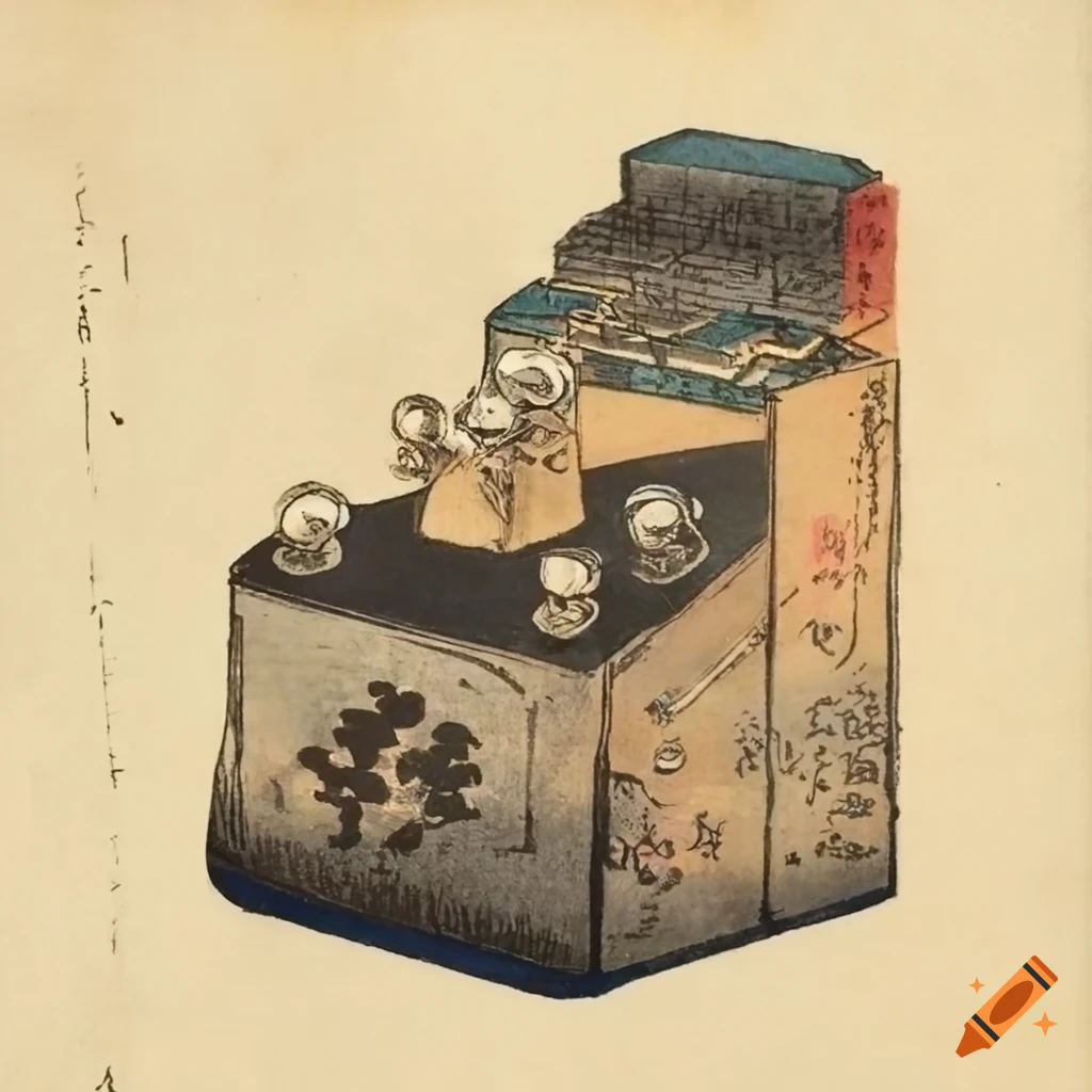 Soda can spring reverb delay pedal ring pull spring in wabi sabi ink style on ancient paper