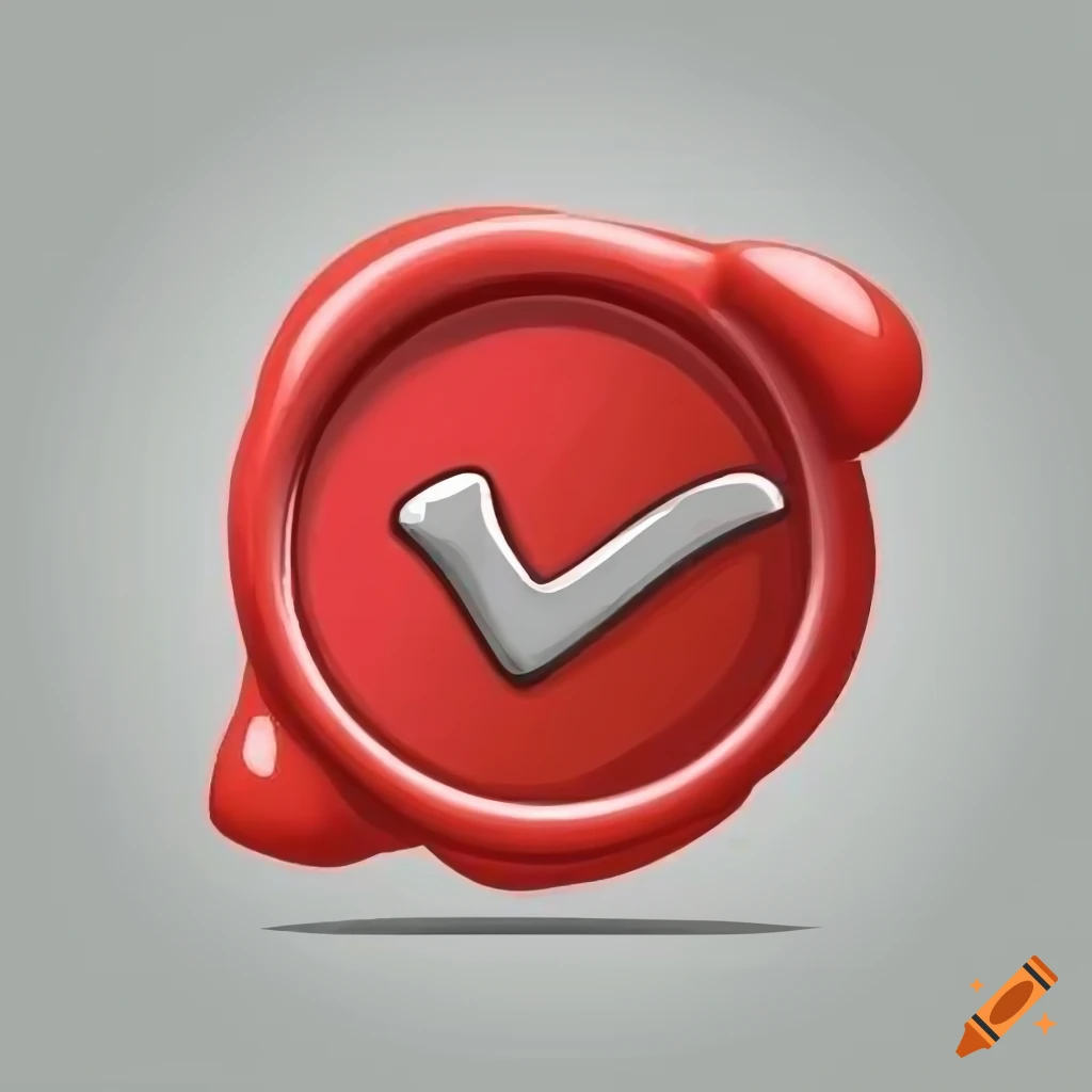 Red medieval wax seal mockup with check mark symbol in cartoon style