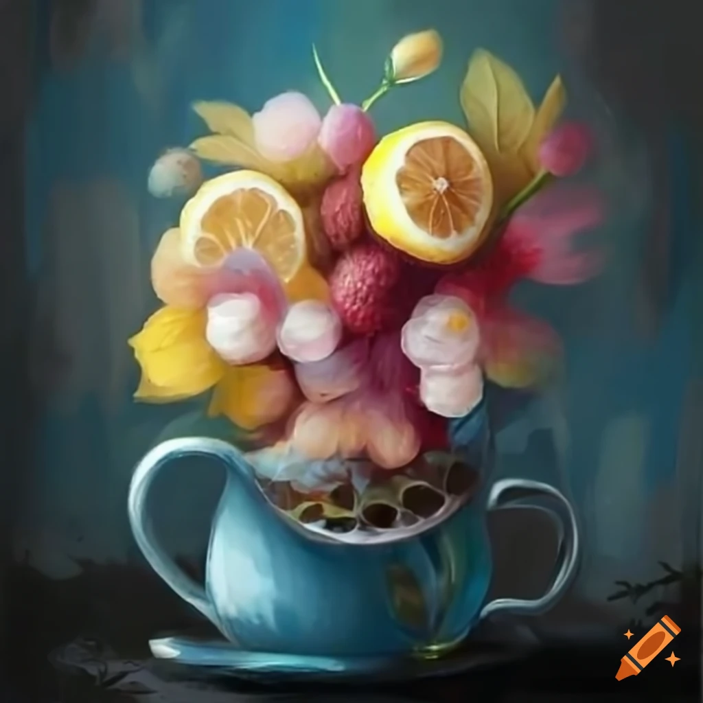 Tea cup with floral, lemon, lychee, maple syrup, and black tea
