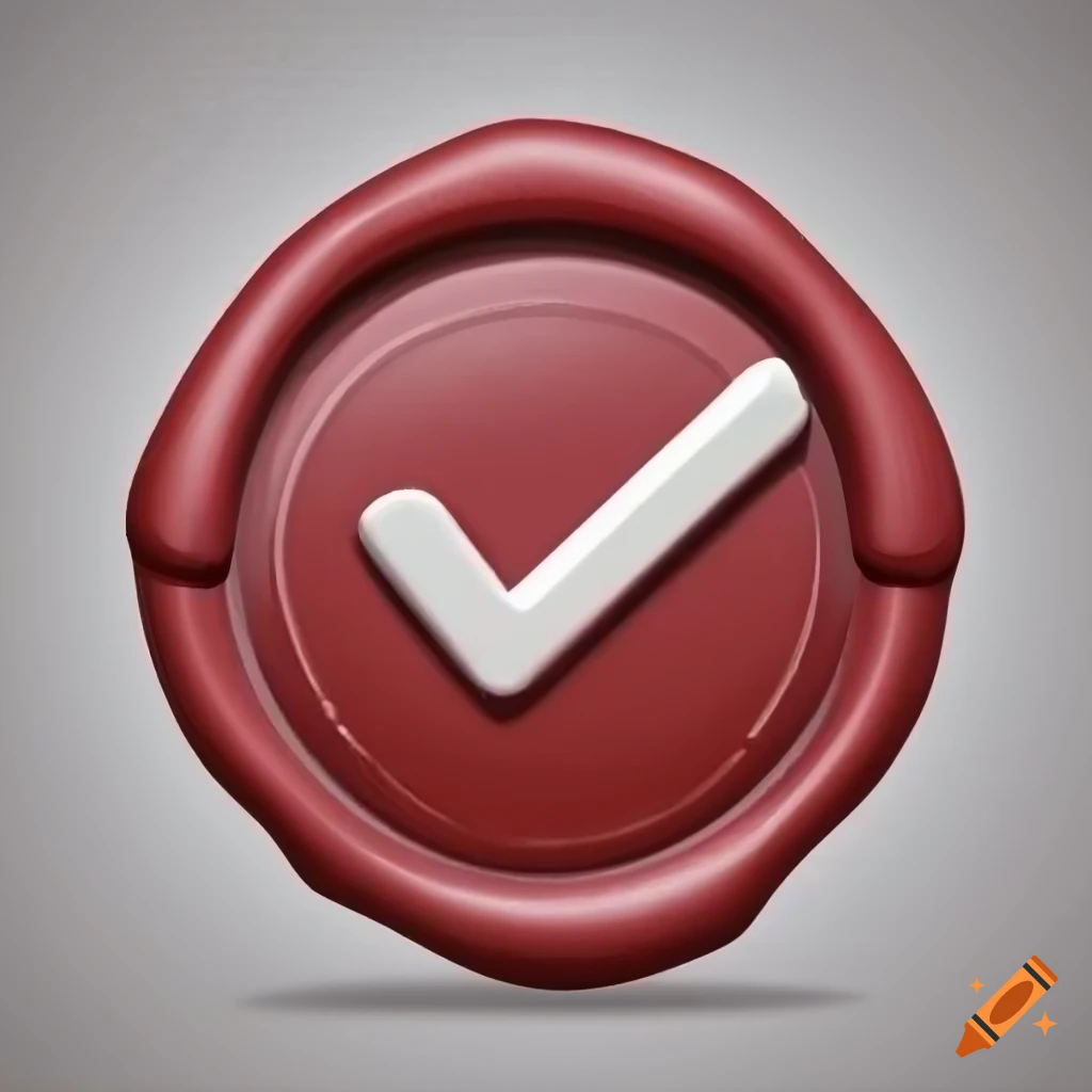Red medieval wax seal mockup with check mark symbol in cartoon style