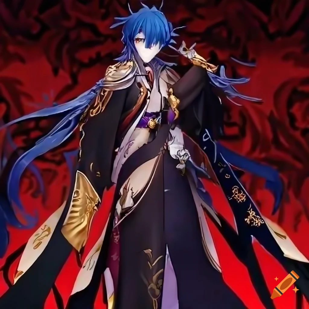 Male figure with midnight blue hair and ruby eyes in elegant kimono surrounded by hellfire
