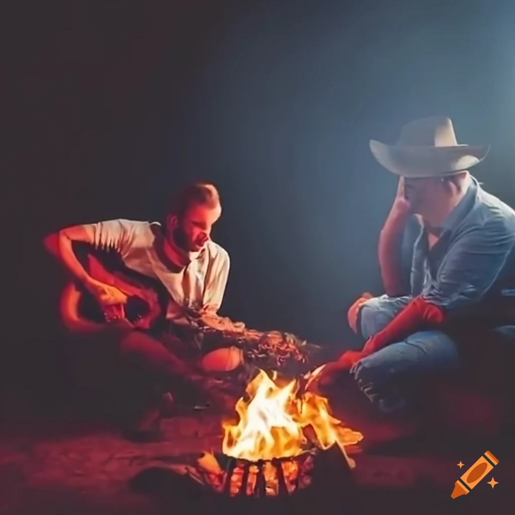 Cowboy playing guitar by a campfire