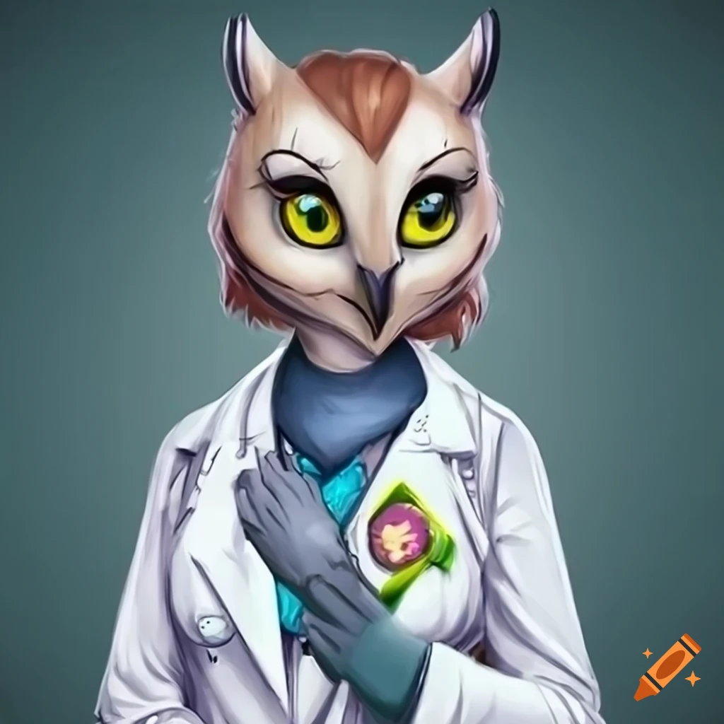Anthropomorphic female owl android in lab coat
