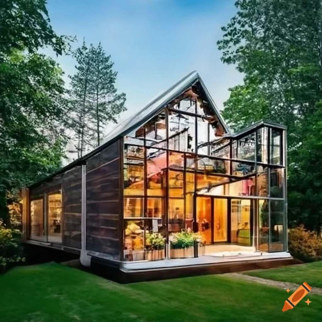 Modern American-style house with attached greenhouse full of flowers
