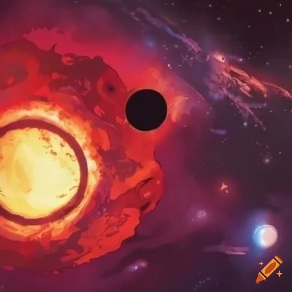 Un système stellaire avec un soleil rouge dans un style comics-book