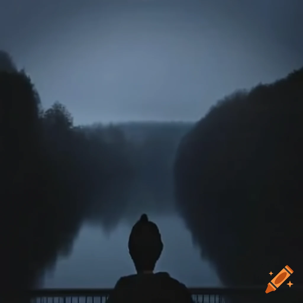 Person sitting on ledge of high bridge overlooking dark swirling river