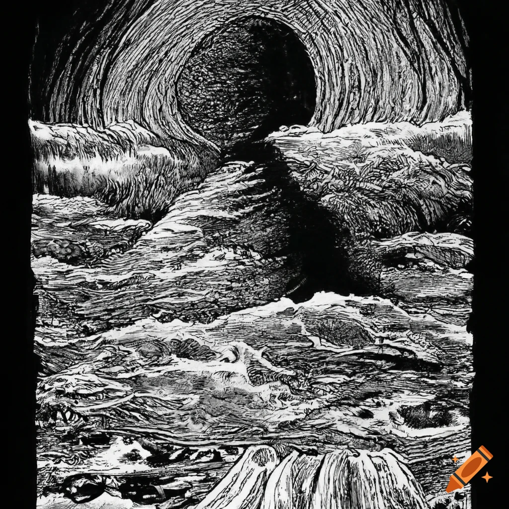 Continent view from space in Junji Ito's horror manga style