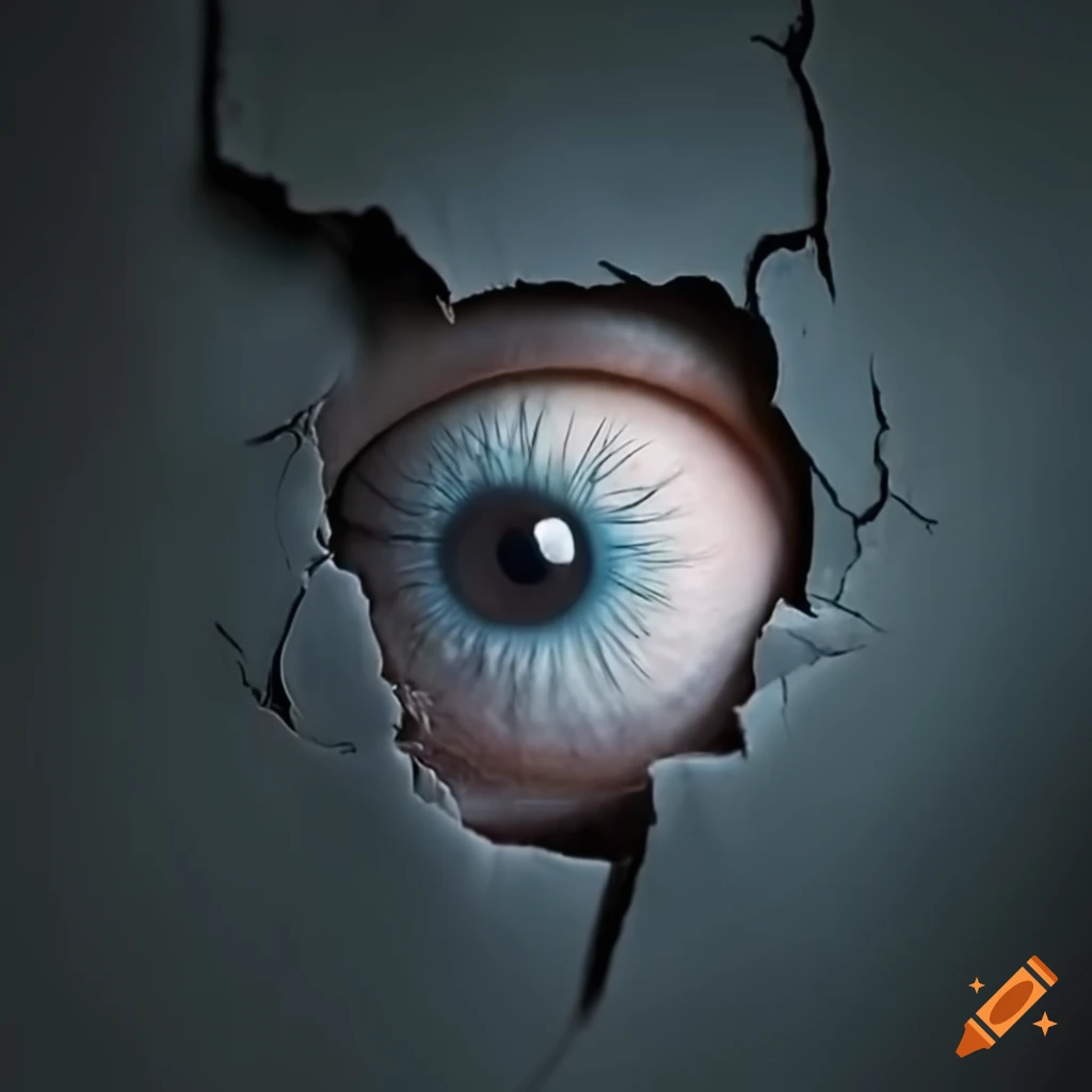Close-up of a white eye seen through a crack in the wall