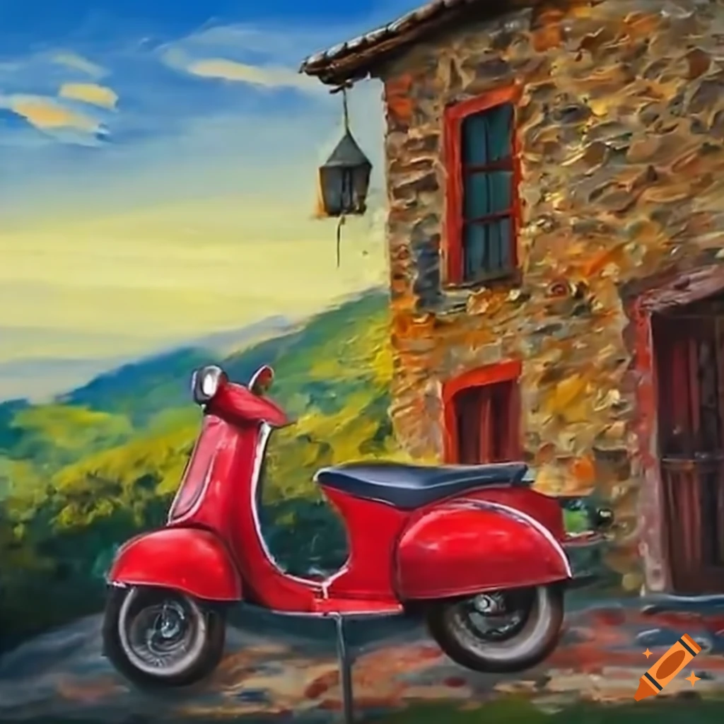 Red Vespa in front of Tuscany house on hills