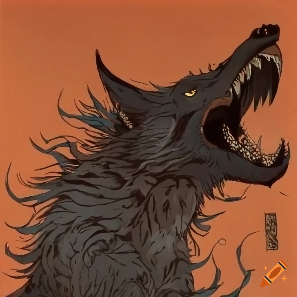 Fenrir depicted in ukiyo-e style