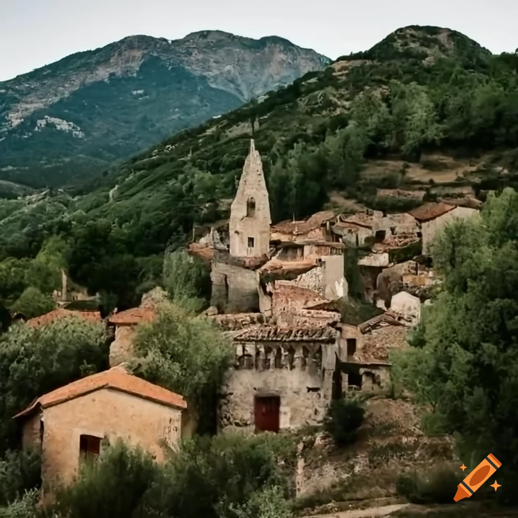 Village on a mountainside, Mediterranean landscape with dry stone walls and olive trees