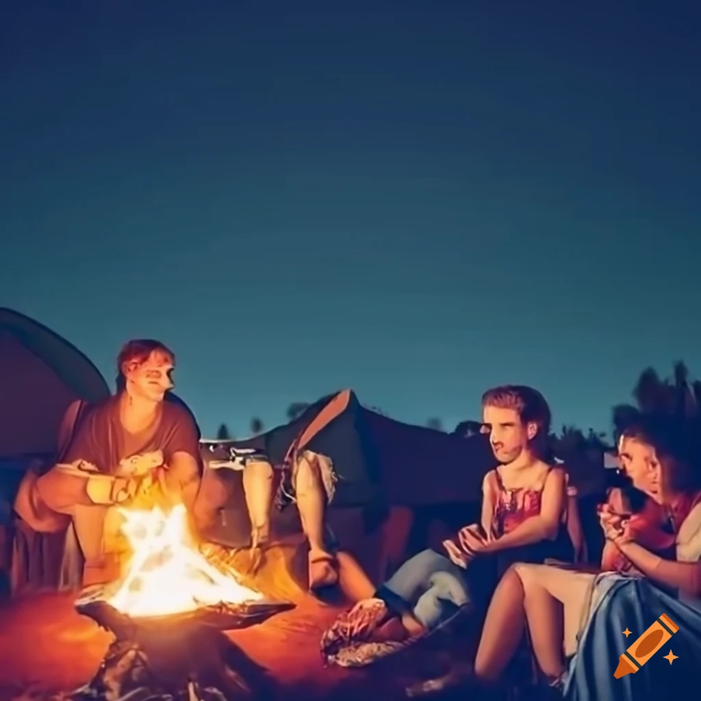 Friends camping under the stars, enjoying drinks and music around a campfire