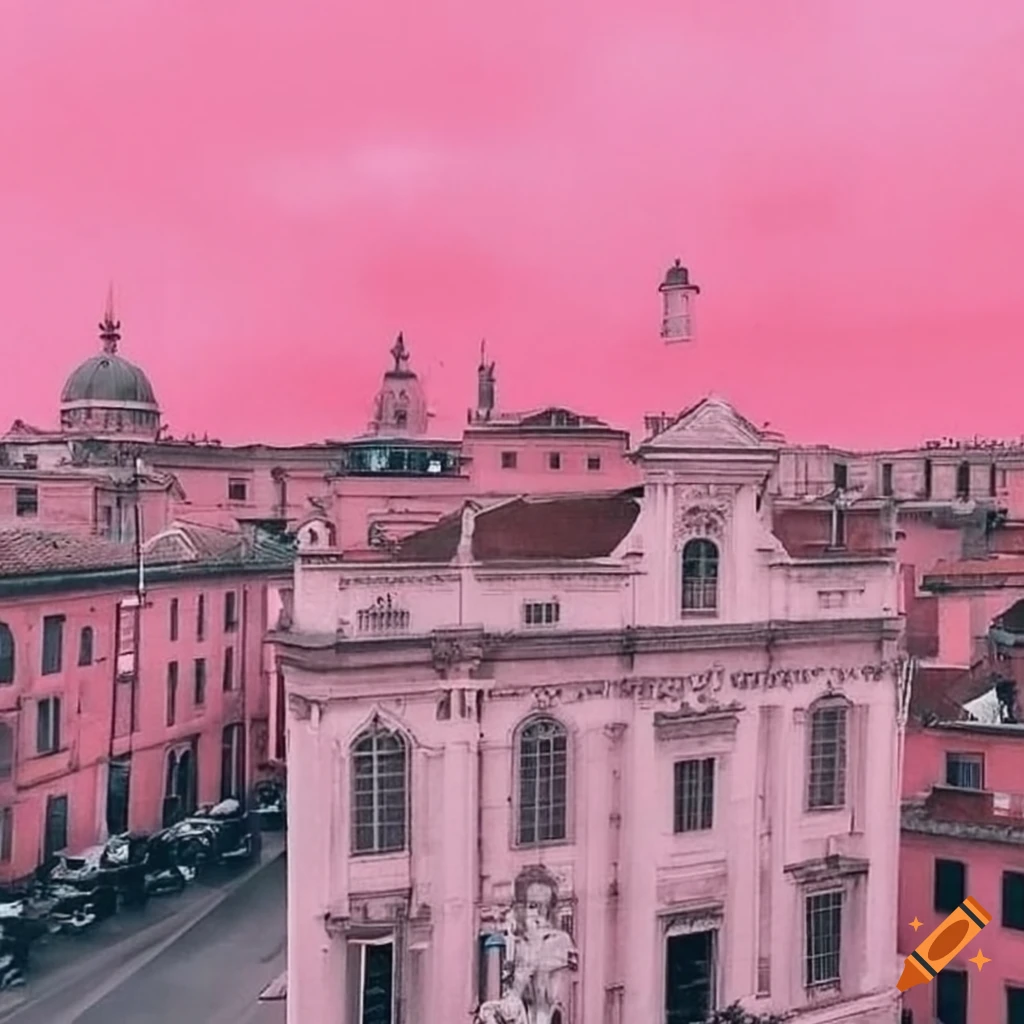 Pink sky over a Roman island city with a girly aesthetic